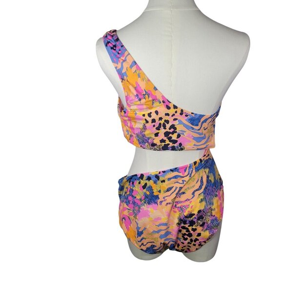 Jessica Simpson Lip Gloss Women Abstract One-Shoulder Cutout Swimsuit Size XL - Picture 4 of 7